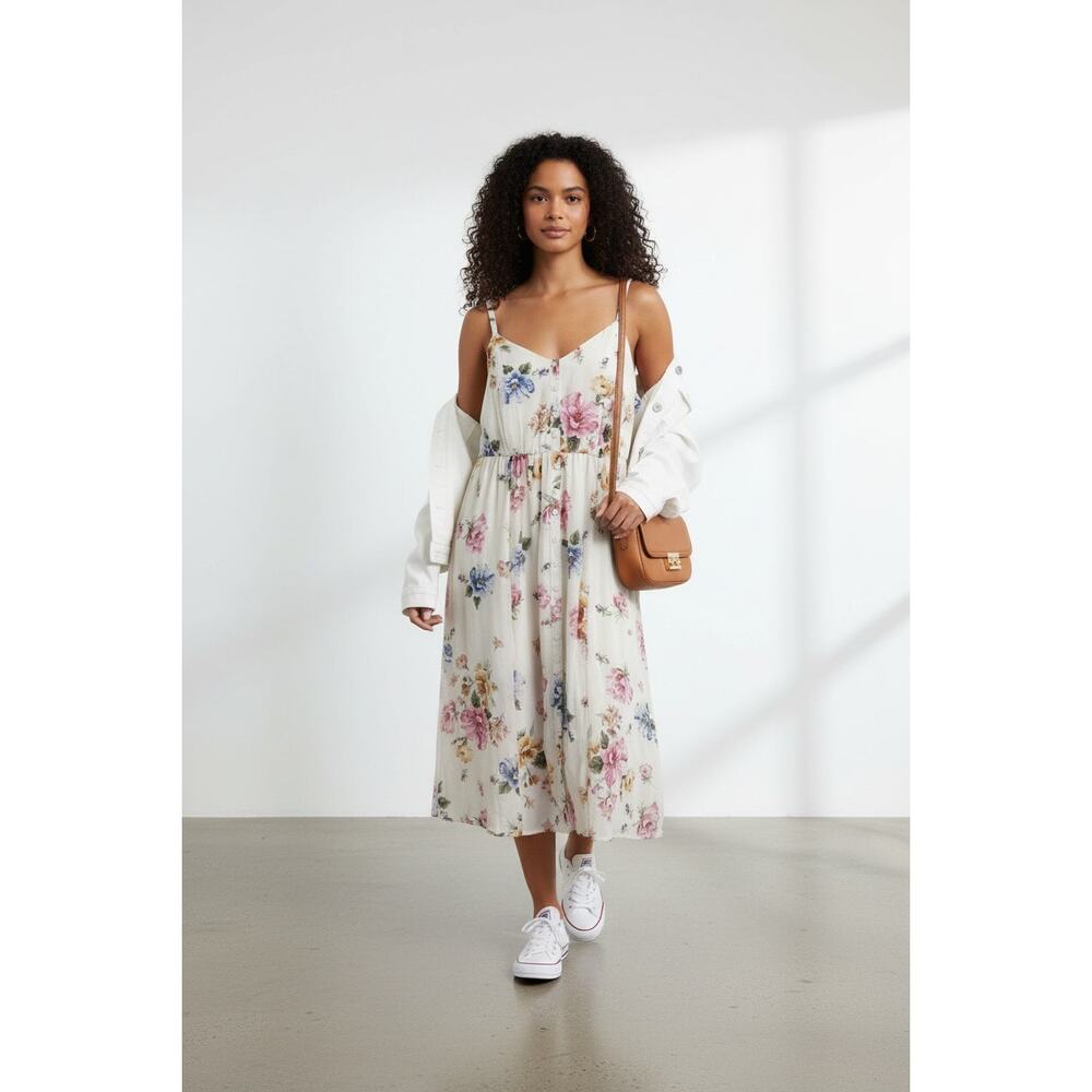 Torrid Size 2 Ivory Floral Chiffon Midi Dress Button Front Smocked Back